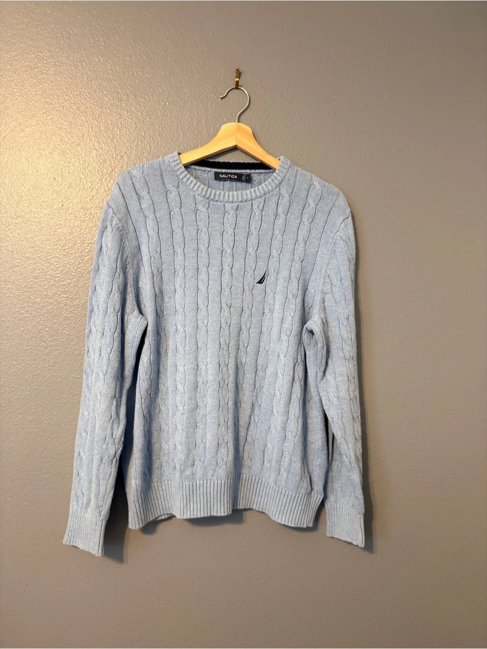 Nautica Men’s Light Blue Cotton Cable Knit Crewneck Coastal Sweater Small